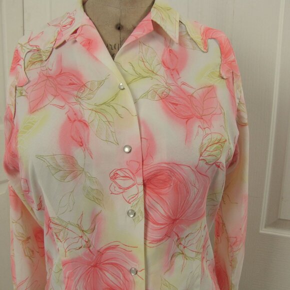 Vintage 70s Lasso Shirt Size 36 Pink Crepe Floral Pearlized Snap Front Western - Picture 2 of 14